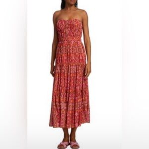 AMUR Red Smocked Strapless Midi Dress